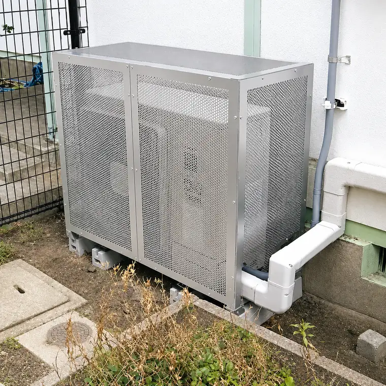 室外機に防護ネットを設置した例