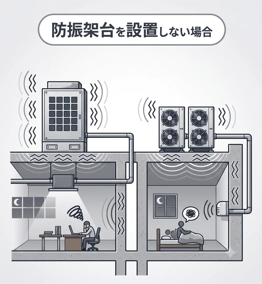 防振架台を設置しない場合:振動が建物に伝わるイメージ